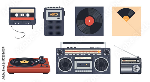 Retro Music Icons Set with Vinyl Records Cassettes Boombox and Radio.