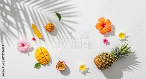 Tropical fruit arrangement with pineapple, mango, and flowers on white background