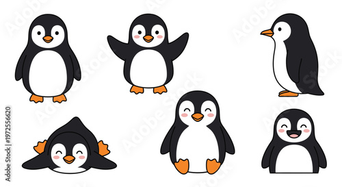 Cute Cartoon Penguins in Various Playful Poses Illustration.