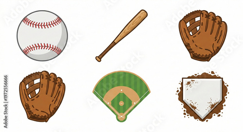 Comprehensive vector set of essential baseball equipment and field elements, ideal for sports enthusiasts, game-day graphics, and athletic design projects
