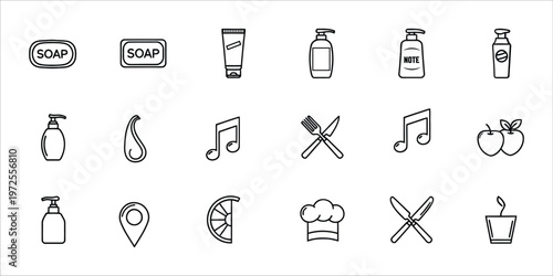 Collection of hand drawn kitchen and beauty product icons in black and white