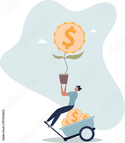 Harvest money from investment profit or earning, growing wealth or stock market prosperity, economic boom, savings or investing concept.person's life situation and his activities.