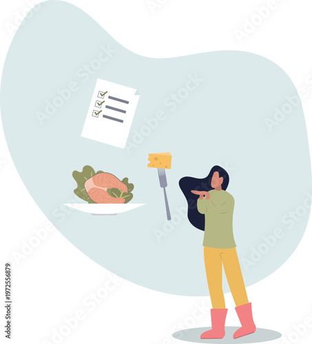 Healthy meal planning with daily food ingredients list.detox and wellness illustration.person's life situation and his activities.