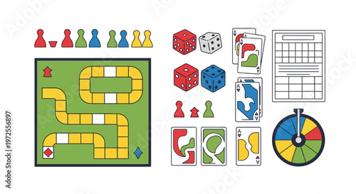 Colorful Board Game Setup Featuring Pawns Dice Cards and Spinner.