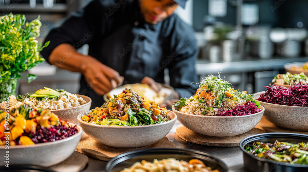Obraz premium Chef plating healthy lunch bowls beside meal prep containers in a cafe kitchen for balanced midday meals