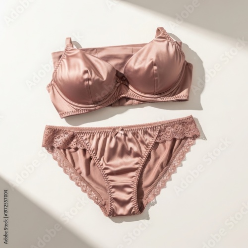 Pink lace lingerie set on white background with soft lighting
