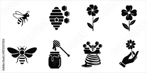 Black and white bee and honeycomb collection minimalist vector illustrations