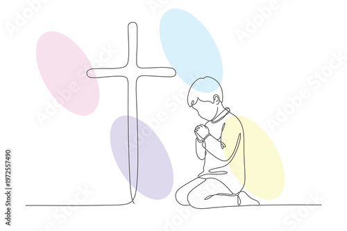 Continuous line drawing of a young child kneeling in prayer before a cross, pastel background, faith and devotion concept.