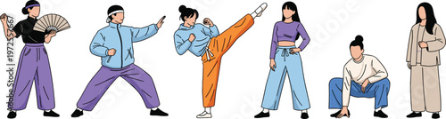 Martial Arts and Fitness Lifestyle Vector Set Featuring Diverse People Practicing Karate Kicks Tai Chi with Fan and Athletic Poses for Sports Designs