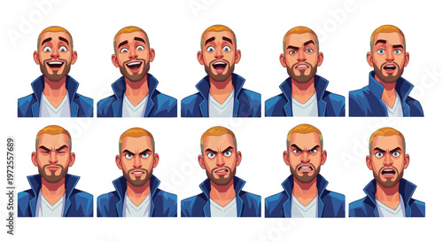 Vector illustration of set of male facial expressions, cartoon character avatars