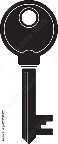 Simple black and white illustration of a traditional key silhouette vector icon