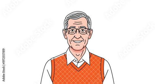 Vector illustration of illustration of a smiling elderly man wearing glasses and orange vest