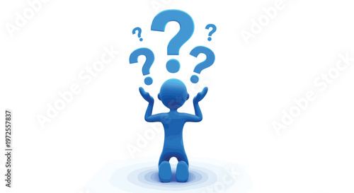Vector illustration of blue 3d character kneeling with question marks