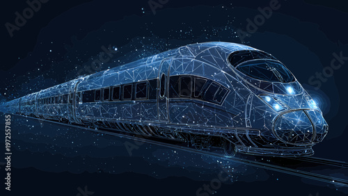 Train traveling at high speed is rendered as a glowing digital construct of mesh lines and luminous particles moving through a dark background.