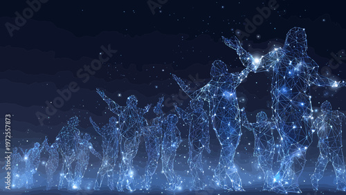 People silhouettes form a collective group represented by a glowing blue constellations network against a deep dark background.