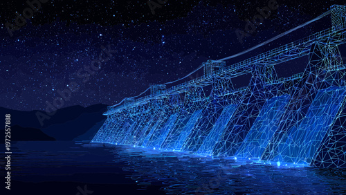 Dam structure exhibits a glowing blue digital wireframe network that illuminates the dark reservoir waters under a starlit night sky.
