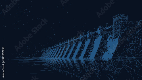 A digital 3D concept illustration of a hydropower dam structure in dark blue tones