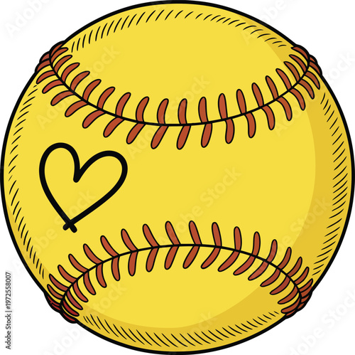Yellow softball with red stitching and a black heart icon
