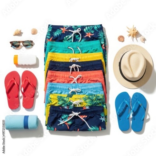 Colorful Tropical Swim Trunks Stacked with Beach Accessories Flat Lay