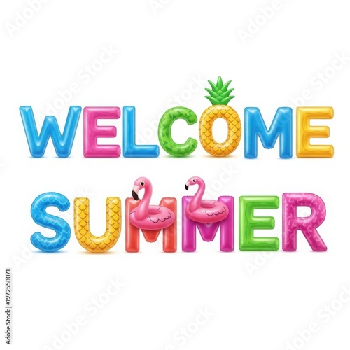Colorful Welcome Summer Text with Pineapple and Flamingos on White Background