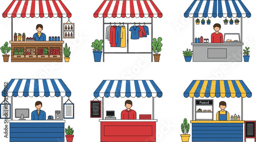 Outdoor Street Market Stall Collection Featuring Clothing Apparel Food Vendors and Service Kiosks with Striped Awnings for Local Commerce and Festival Event Designs