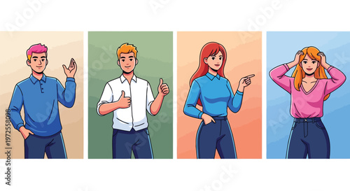 Vector illustration of set of diverse young people showing different gestures and expressions