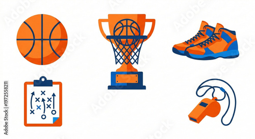 Basketball equipment and trophy icon set representing teamwork and winning in sports