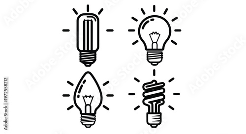 Vector illustration of set of four different light bulb icons in hand drawn sketch style