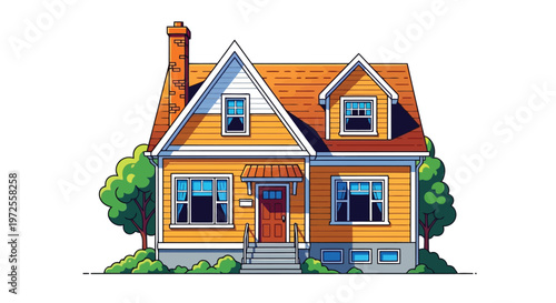 Vector illustration of illustration of a cozy suburban house with trees