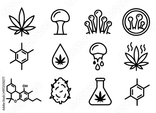 Cannabis Trichomes Terpenes Icon Set – Marijuana Leaf Molecule Bud and Scientific Vector Icons