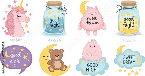 Adorable flat vector illustration set featuring cute characters like unicorns, bears, and monsters with moons, stars, and jars for sweet dreams and good night themes.