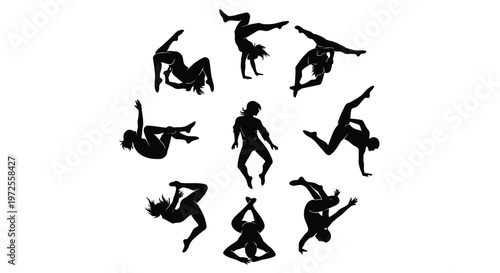 Vector illustration of set of breakdance silhouettes in circular arrangement