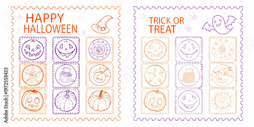 Two halloween postage stamps with spooky sketches and festive greetings