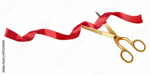 Golden scissors cutting a vibrant red ribbon in a celebratory gesture