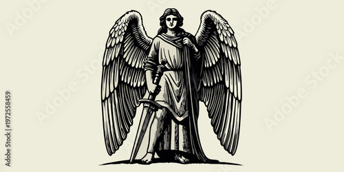 Fotografi Vintage illustration of an angel holding a sword a symbol of protection