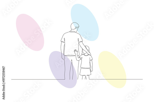 Continuous Line Drawing of Father and Daughter Gazing at the Horizon, Minimalist Illustration of Family Love and Connection on a Bright Day