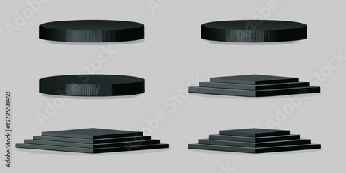 Dark cylindrical and square platforms for product display or presentation