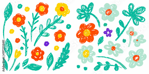 Colorful childlike drawing of various flowers and leafy stems