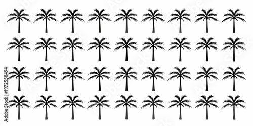 A dense arrangement of silhouetted palm trees against a white background