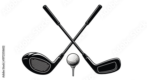 Vector illustration of crossed golf clubs and golf ball on tee vintage illustration