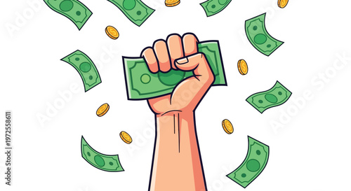 Vector illustration of hand holding money with falling cash and coins illustration