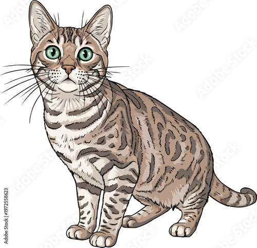 Australian Mist cat curious attentive pose facing front illustration