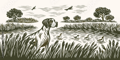 A detailed engraving of a dog looking towards birds and waterfowl