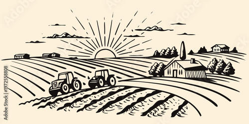 A vintage illustration of a rural landscape with tractors and farmhouses