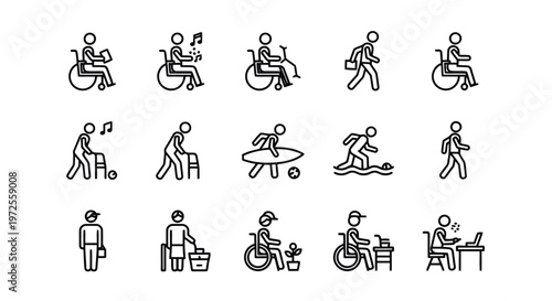 Vector illustration of set of disability and accessibility icons for diverse daily activities