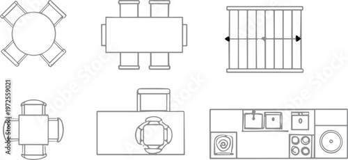 Top view furniture layout set vector floor plan icons dining table kitchen layout interior design elements architectural symbols collection