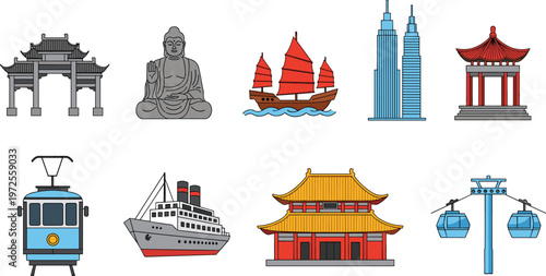 Asian Travel Landmarks Vector Set Featuring Hong Kong Junk Boat, Petronas Towers, Buddha Statue, Peak Tram, Cable Car, and Traditional Architecture for Tourism Designs