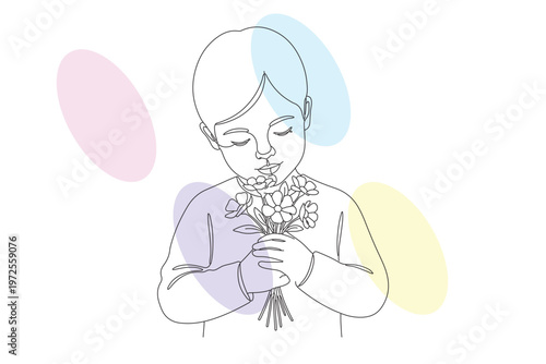 Delicate continuous line drawing of a child lovingly holding a bouquet of flowers, perfect for heartwarming designs and illustrations.