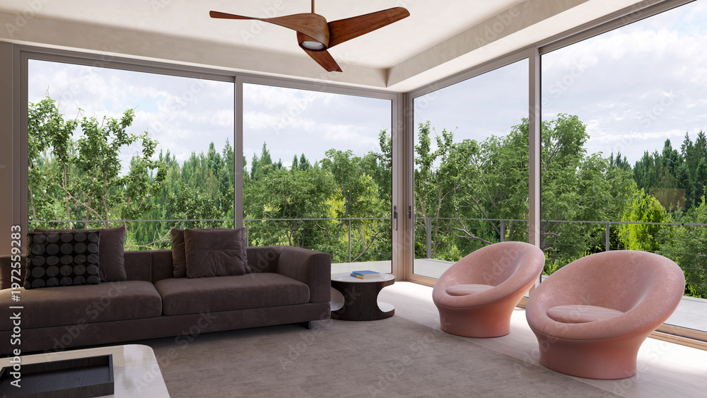 Naklejka premium 3D render, illustration Luxury modern living room interior, realistic lighting, wide angle, contemporary furniture, clean lines, minimalist decor, elegant home design, large window