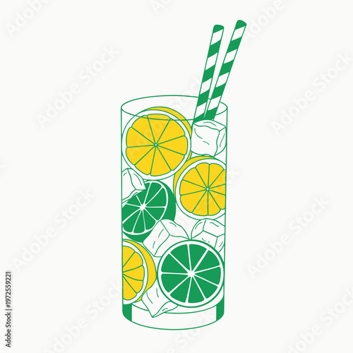 Yellow and green geometric floral pattern in a clear glass vase with water and stems